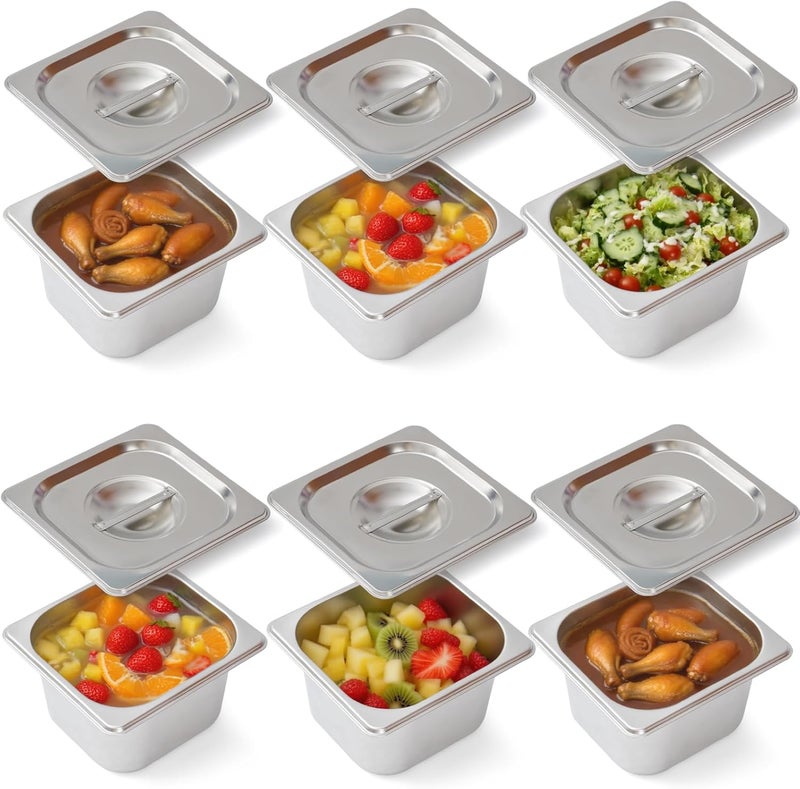 Notakia 6 Pack 4" Deep 1/6 Hotel Pans With Lids Stainless Steel Steam Table Pans Commercial Grade Food Storage Containers for Restaurant, Buffet, and Catering - Image 1